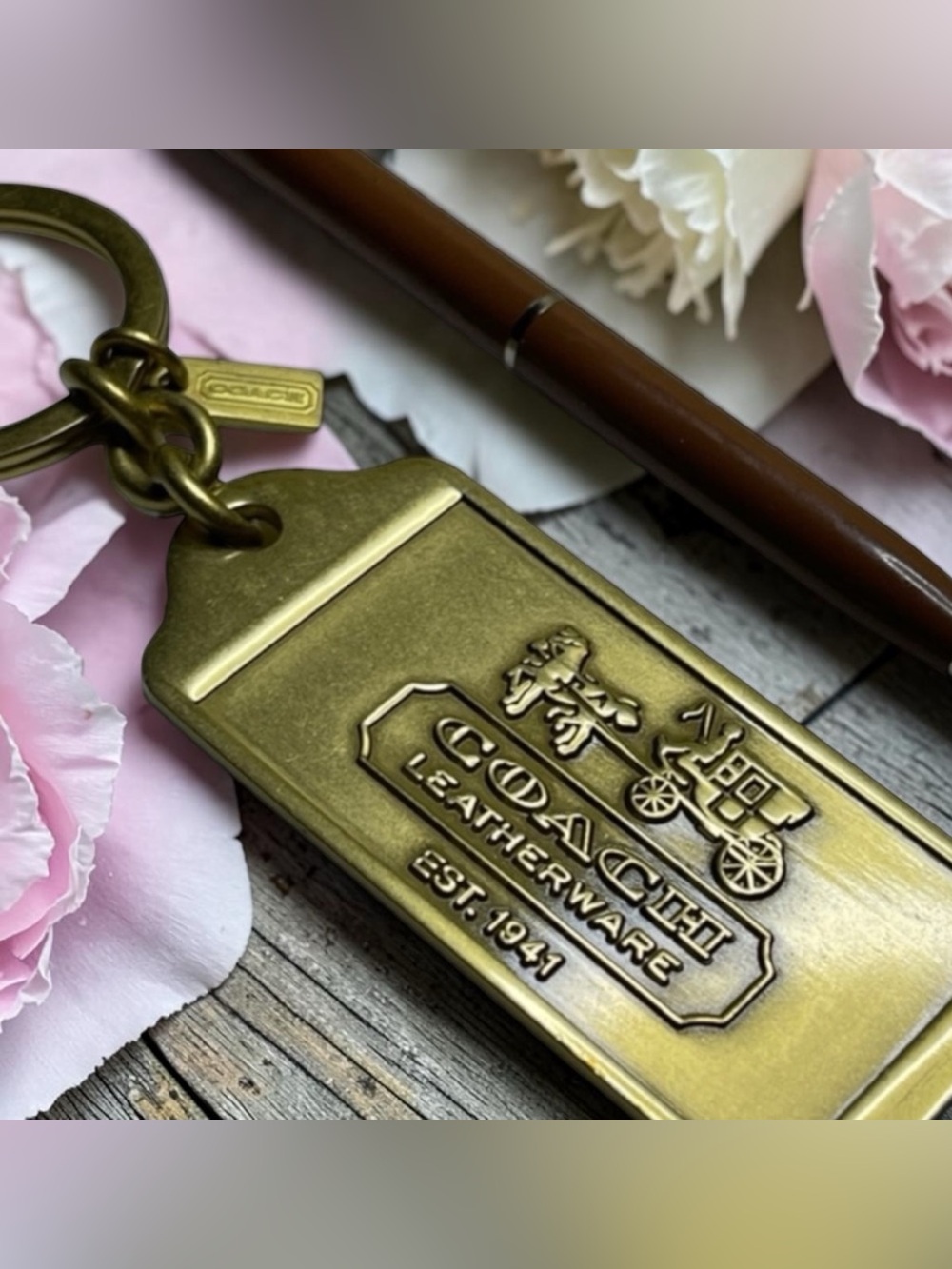 Coach brass leatherware stamped keychain key fob horse and carriage NEW